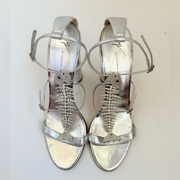 Giuseppe Zanotti Silver Leather Crystal embellished Fishbone Sandal Heels EU41.5 - Picture 3 of 12